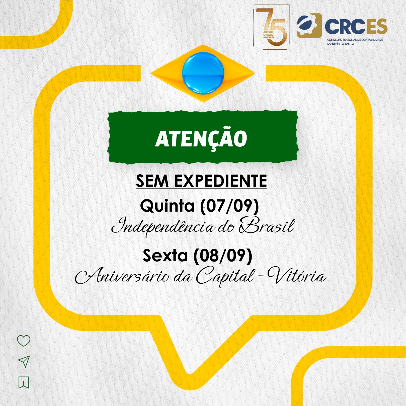 Não haverá expediente nos dias 07 e 08 de setembro