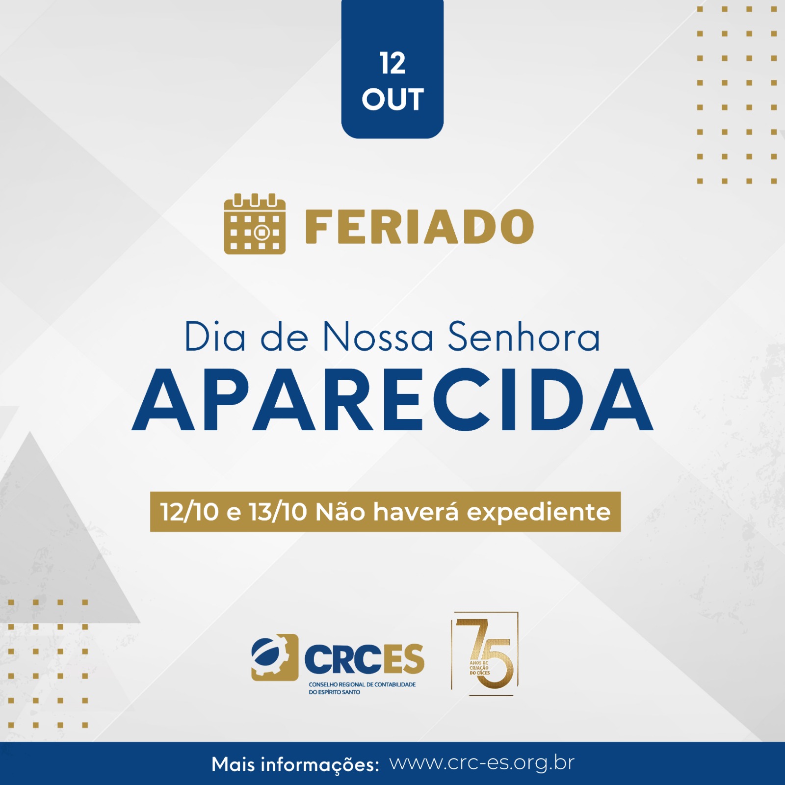 12 e 13/10 Não haverá expediente no CRCES