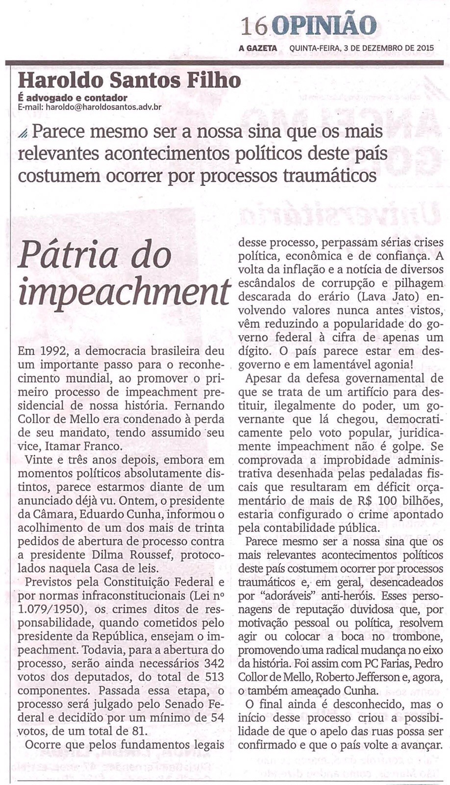 Artigo do Vice-presidente de Registro do CRCES - Haroldo Santos Filho