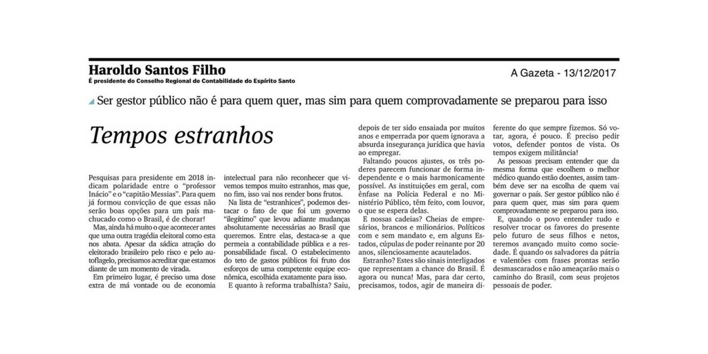 Presidente Haroldo Santos Filho tem novo artigo publicado no jornal A Gazeta