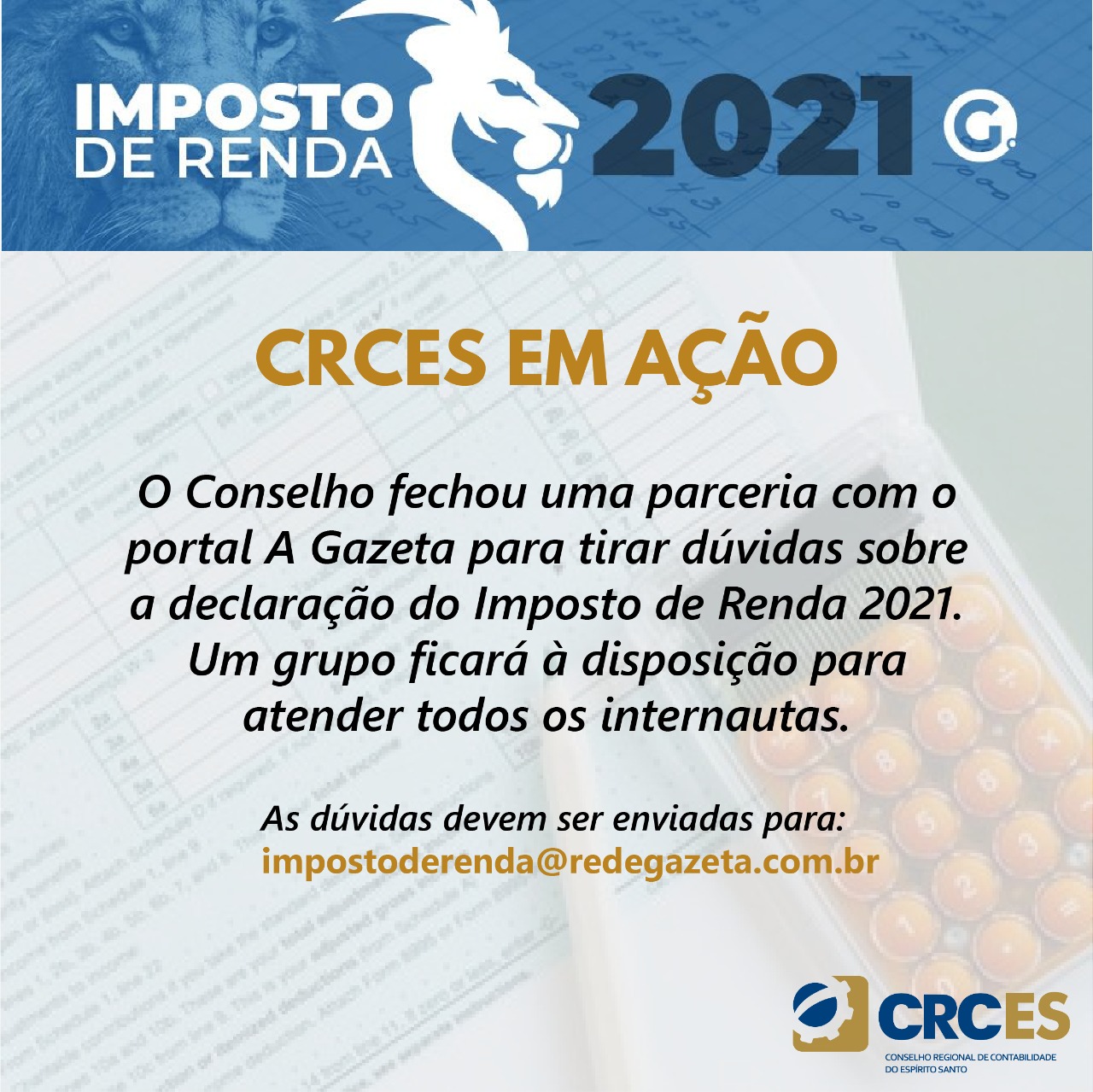 CRCES EM AÇÃO - PARCERIA COM A GAZETA PARA TIRAR DÚVIDAS SOBRE IR 2021